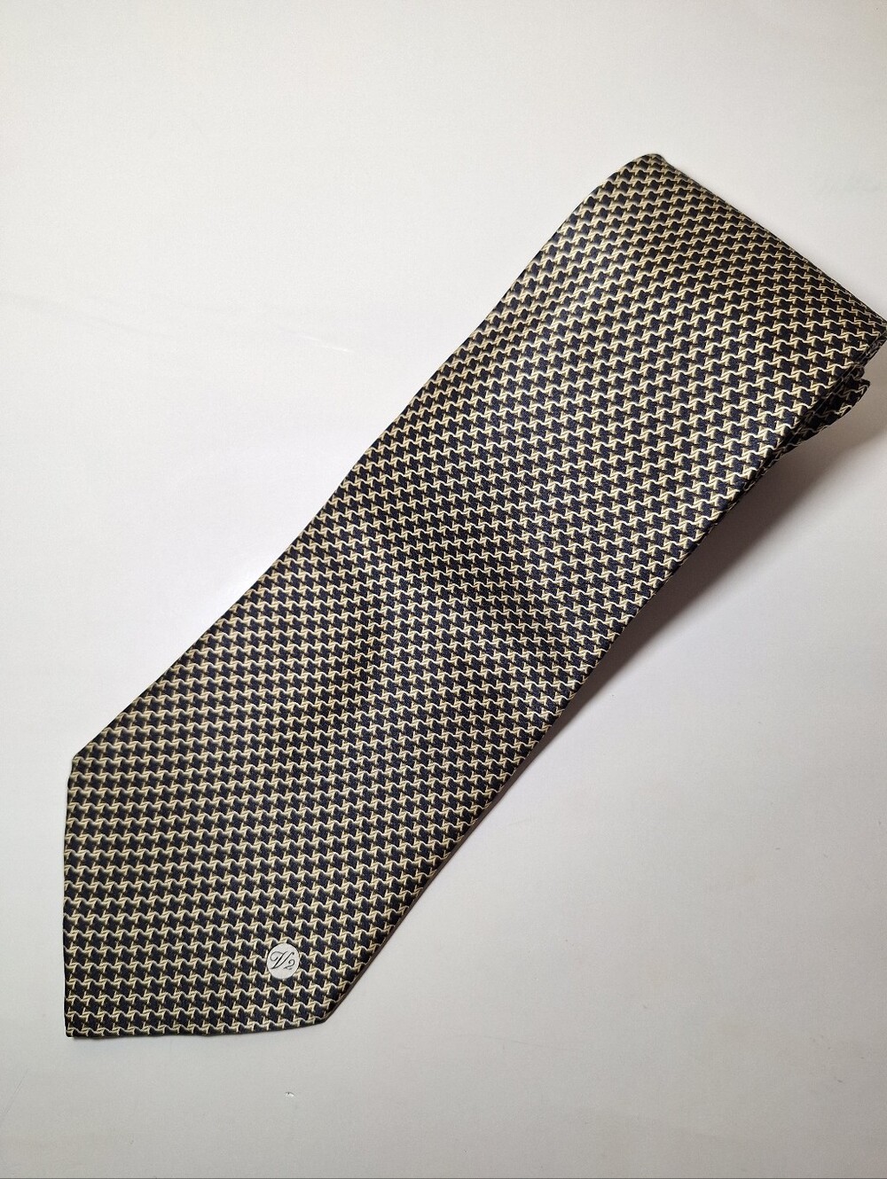 Gianni Versace Silk Tie Vintage 90s Houndstooth Black Gold Italian Hand Made V2